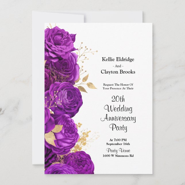 Purple And Gold Floral Wedding Anniversary Party Invitation (Front)