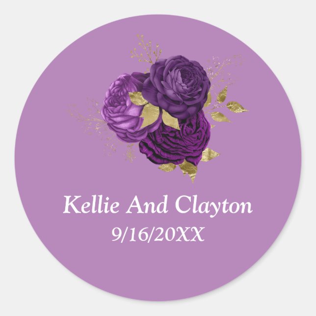 Purple And Gold Floral Wedding Classic Round Sticker (Front)