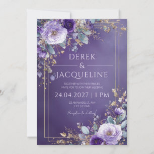 Purple and Gold Floral Wedding Invitation