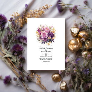 Purple and Gold Floral Wedding Invitation