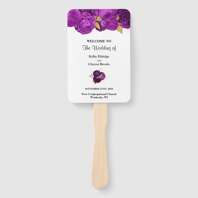 Purple And Gold Floral Wedding Program Hand Fan (Front)