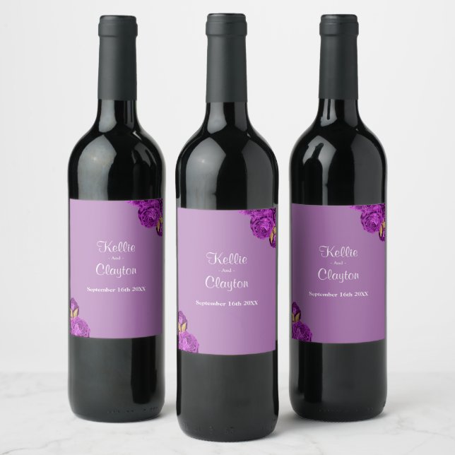 Purple And Gold Floral Wedding Wine Label (Bottles)
