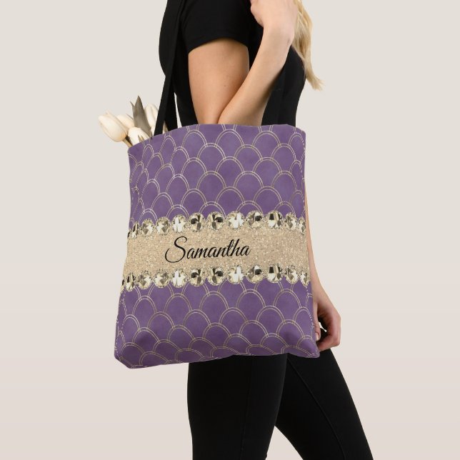 Purple and Gold Foil Diamond Bling Tote Bag (Close Up)
