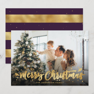 Purple and Gold Foil Merry Christmas Photo Cards