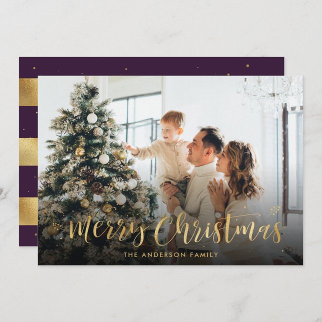 Purple and Gold Foil Merry Christmas Photo Cards (Front/Back)