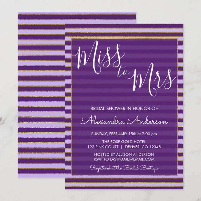 Purple and Gold Foil Miss to Mrs Bridal Shower Invitation (Front/Back)