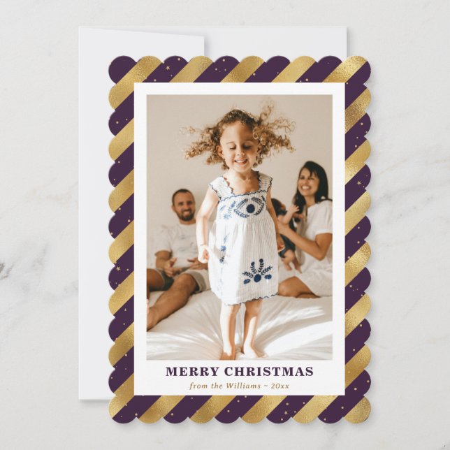 Purple and Gold Foil Modern Photo Merry Christmas Holiday Card (Front)