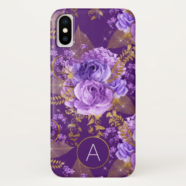Purple and Gold Foil Monogram Floral Pattern Case-Mate iPhone Case (Back)