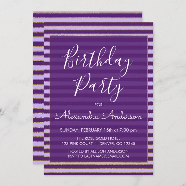 Purple and Gold Foil Stripes Any Age Birthday Invitation (Front/Back)