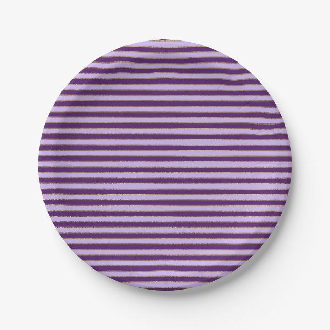 Purple and Gold Foil Stripes Birthday Party Paper Plate (Front)