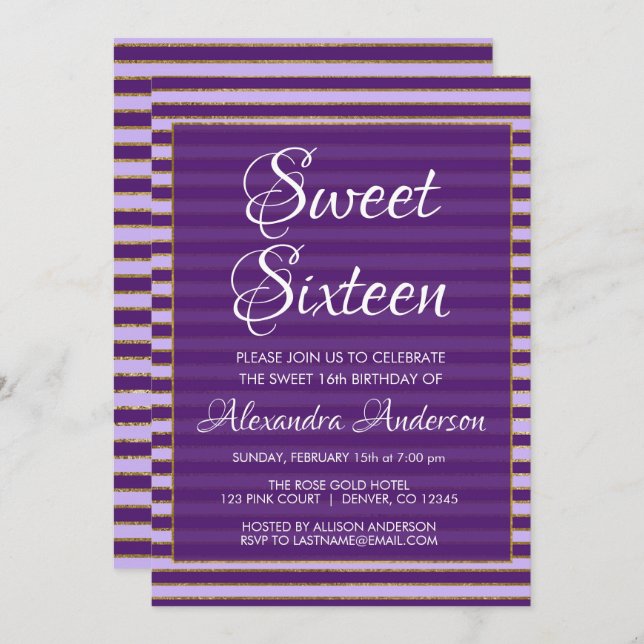 Purple and Gold Foil Stripes Sweet 16 Birthday Invitation (Front/Back)