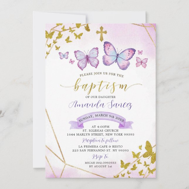 Purple and Gold Geometric Butterfly Baptism Invita Invitation (Front)