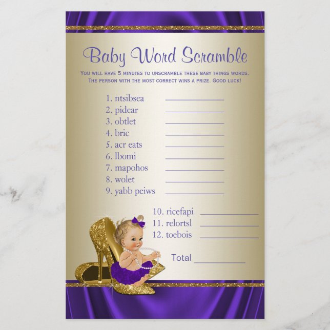 Purple and Gold Girl Baby Shower Games (Front)