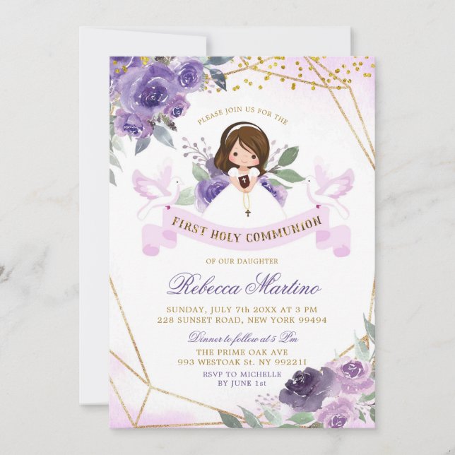 Purple and Gold Girl Floral First Holy Communion Invitation (Front)