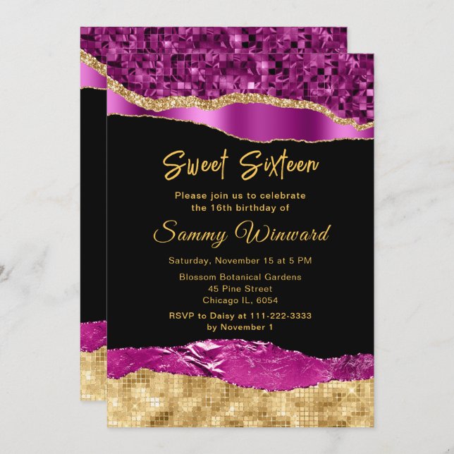 Purple and Gold Glam Tears Sweet Sixteen Invitation (Front/Back)