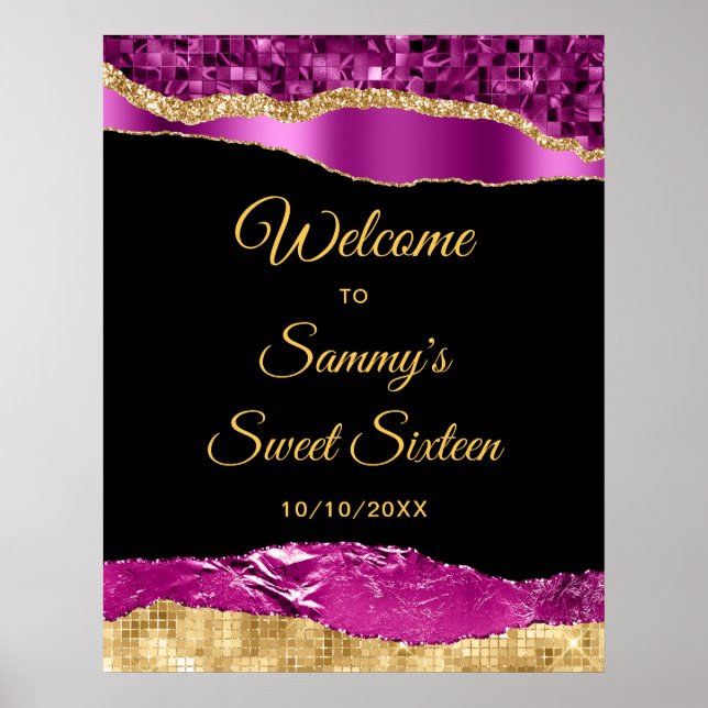 Purple and Gold Glam Tears Sweet Sixteen Welcome Poster (Front)