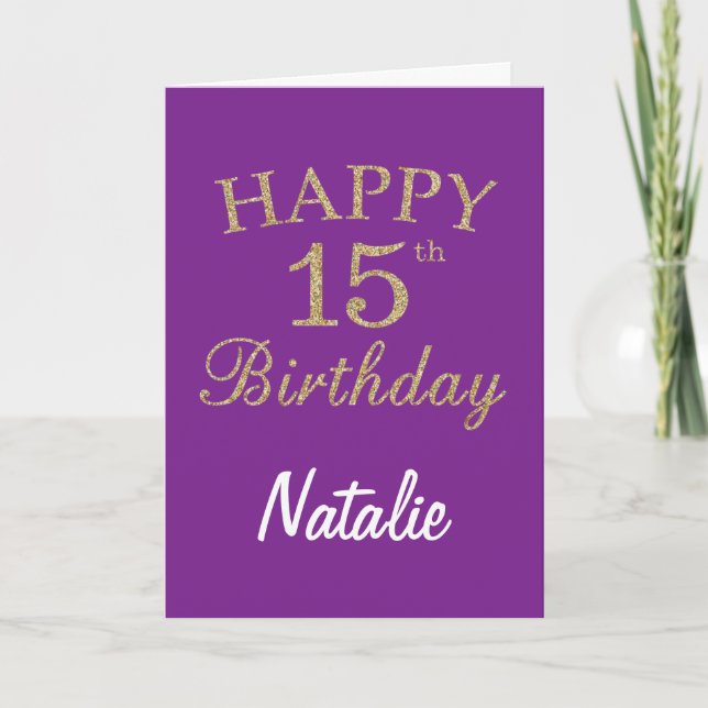 Purple and Gold Glitter 15th Birthday Card (Front)