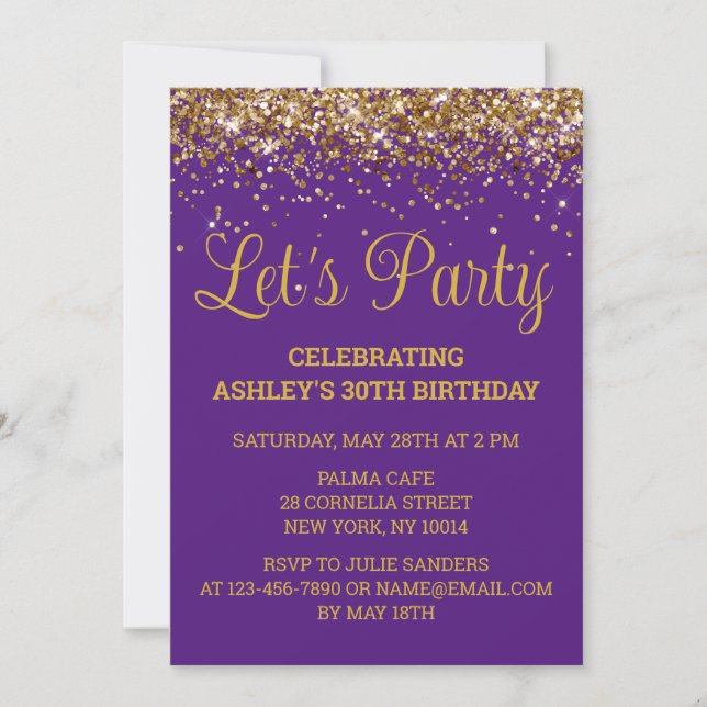Purple and Gold Glitter 30th Birthday Let's Party Invitation (Front)