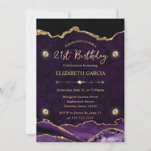 Purple and Gold Glitter Agate 21st Birthday Invitation