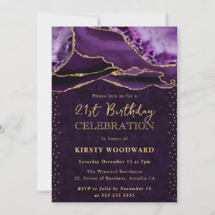 Purple and Gold Glitter Agate 21st Birthday Invitation