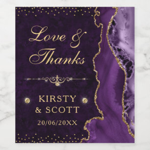 Purple and Gold Glitter Agate and marble Wedding Wine Label