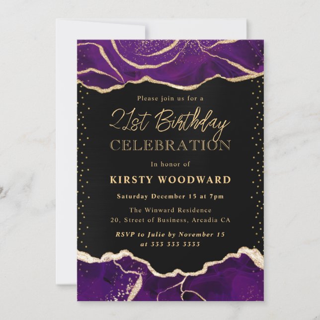 Purple and Gold Glitter Agate Birthday Party Invitation (Front)