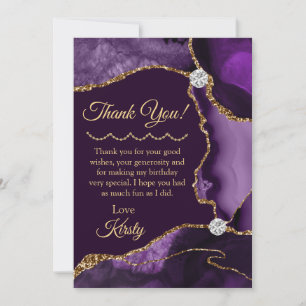 Purple and Gold Glitter Agate Birthday Thank You Card