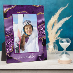 Purple and Gold Glitter Agate Elegant Name Photo Plaque