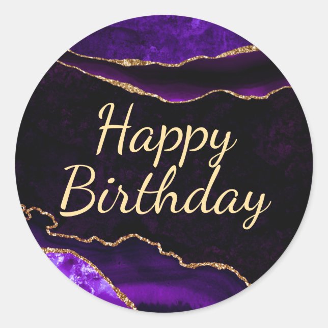 Purple and Gold Glitter Agate Happy Birthday Classic Round Sticker (Front)