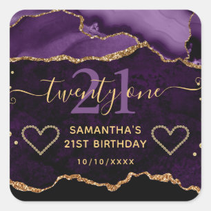 Purple and Gold Glitter Agate Marble 21st Birthday Square Sticker
