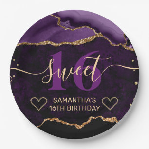Purple and Gold Glitter Agate Marble Sweet 16  Paper Plate