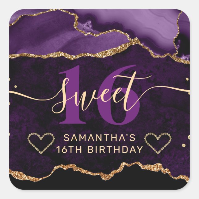 Purple and Gold Glitter Agate Marble Sweet 16  Square Sticker (Front)