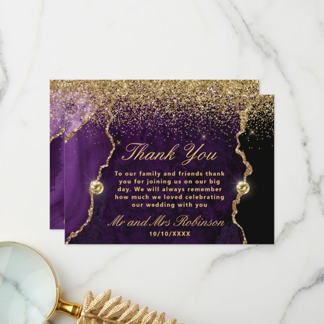 Purple and Gold Glitter Agate Marble Wedding Thank You Card (Front/Back In Situ)