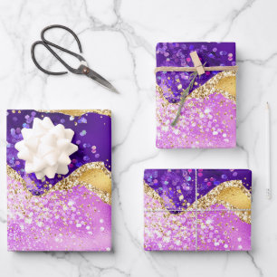 Purple and Gold Glitter Agate Pattern Wrapping Paper Sheet