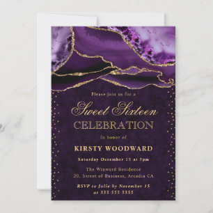 Purple and Gold Glitter Agate Sweet 16 Invitation