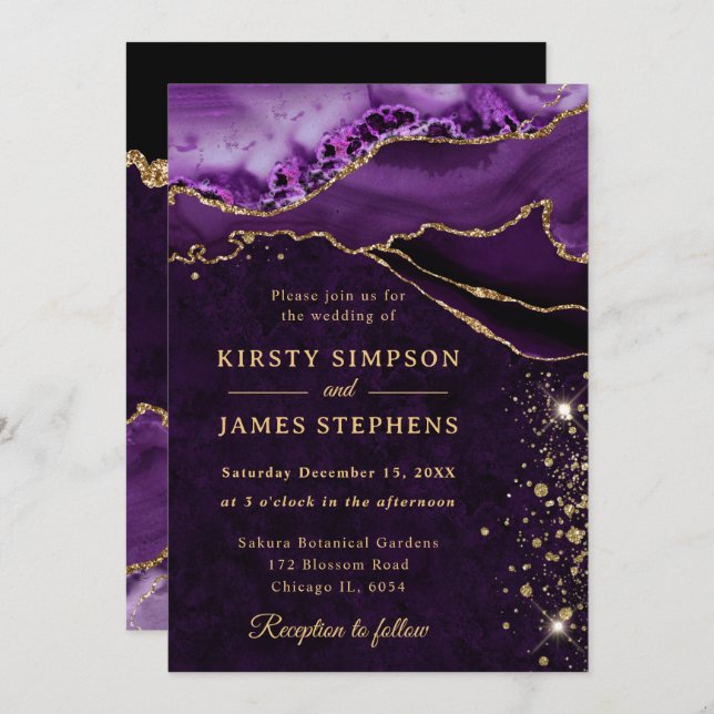  Purple and Gold Glitter Agate Wedding Invitation (Front/Back)