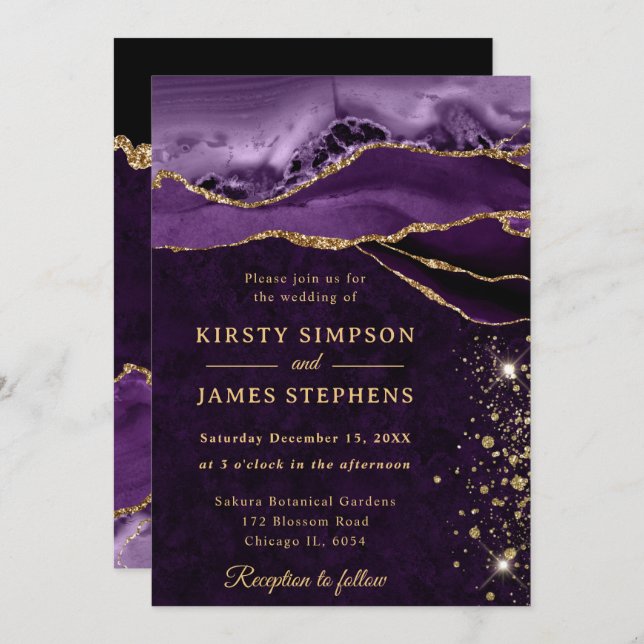 Purple and Gold Glitter Agate Wedding Invitation (Front/Back)