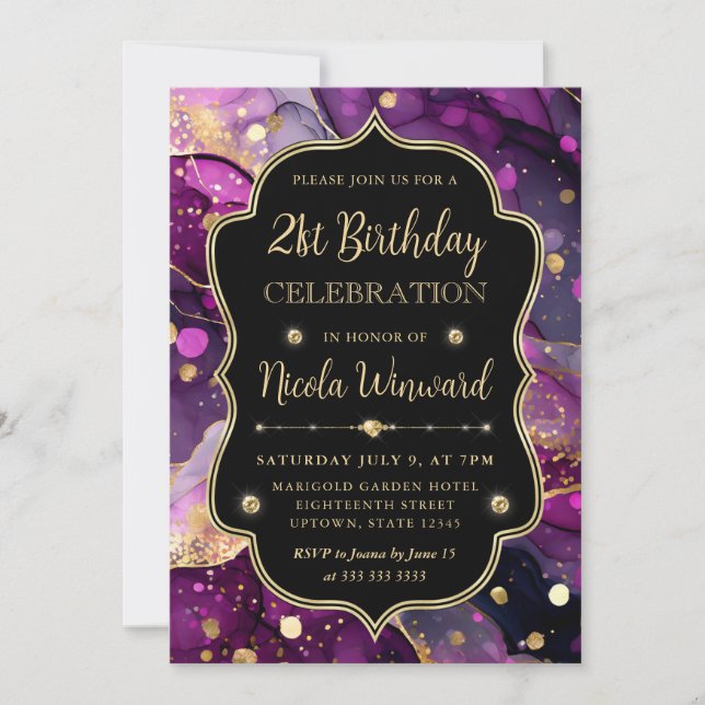 Purple and Gold Glitter Alcohol Ink 21st Birthday Invitation (Front)