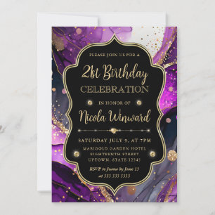 Purple and Gold Glitter Alcohol Ink 21st Birthday Invitation
