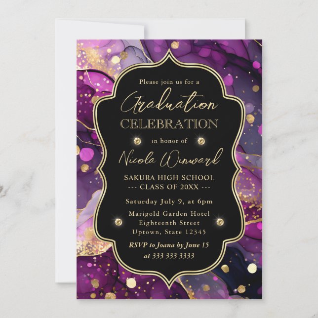 Purple and Gold Glitter Alcohol Ink Graduation Invitation (Front)