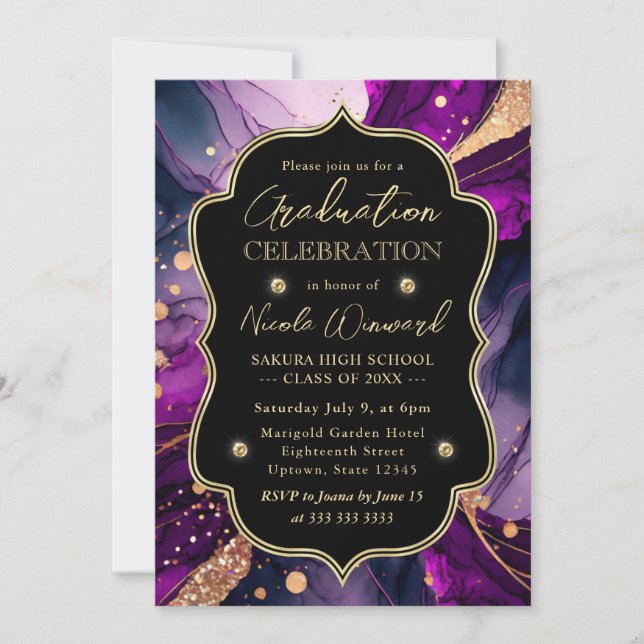 Purple and Gold Glitter Alcohol Ink Graduation Invitation (Front)