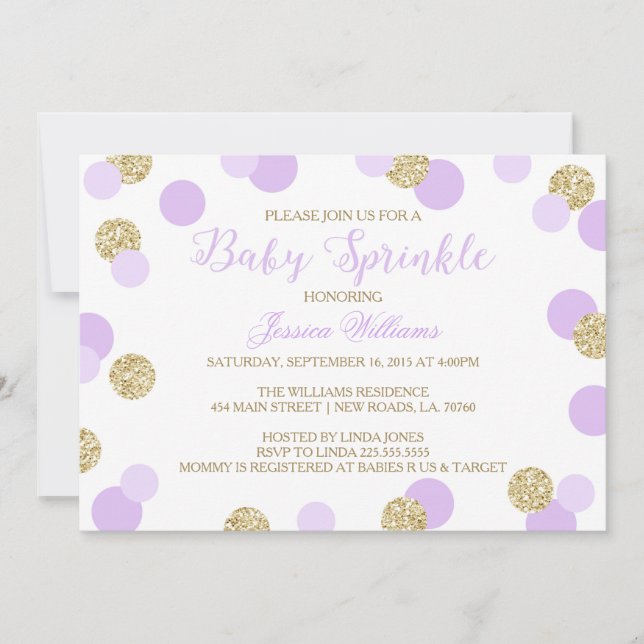 Purple and Gold Glitter Baby Sprinkle Invitations (Front)