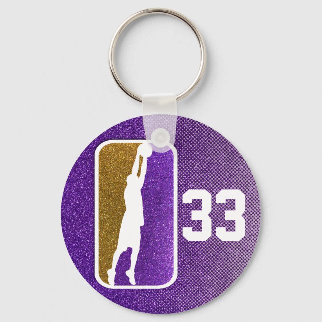 Purple and Gold Glitter Basketball Sports Design Key Ring (Front)