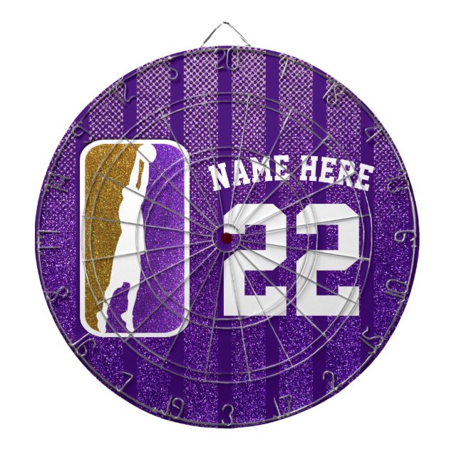 Purple and Gold Glitter Basketball Team Jersey Dartboard (Front)