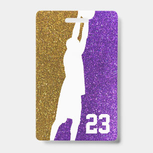Purple and Gold Glitter Basketball Team Jersey ID Badge