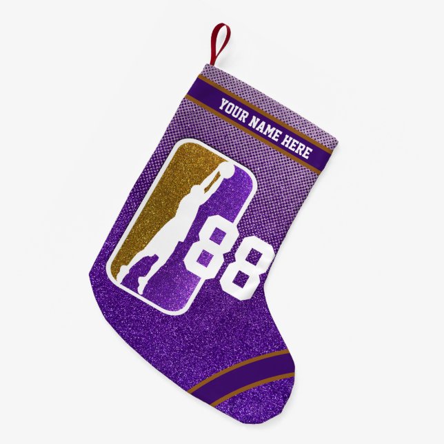 Purple and Gold Glitter Basketball Team Jersey Small Christmas Stocking (Front (Hanging))