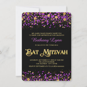 Purple and Gold Glitter Bat Mitzvah Invitation