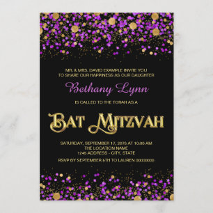 Purple and Gold Glitter Bat Mitzvah Invitation