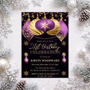 Purple and Gold Glitter Baubles 21st Birthday Invitation