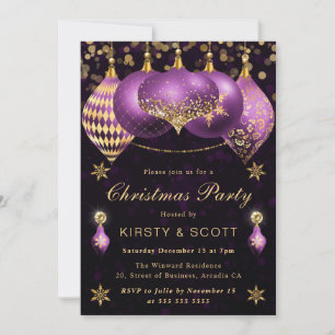 Purple and Gold Glitter Baubles Christmas Party Invitation